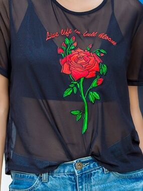 Divided Black Sheer Tee with Red and Green Rose Design